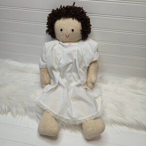 22” Tall Unique Rag Doll Brown Yarn Hair With Vintage Infant Clothing EUC